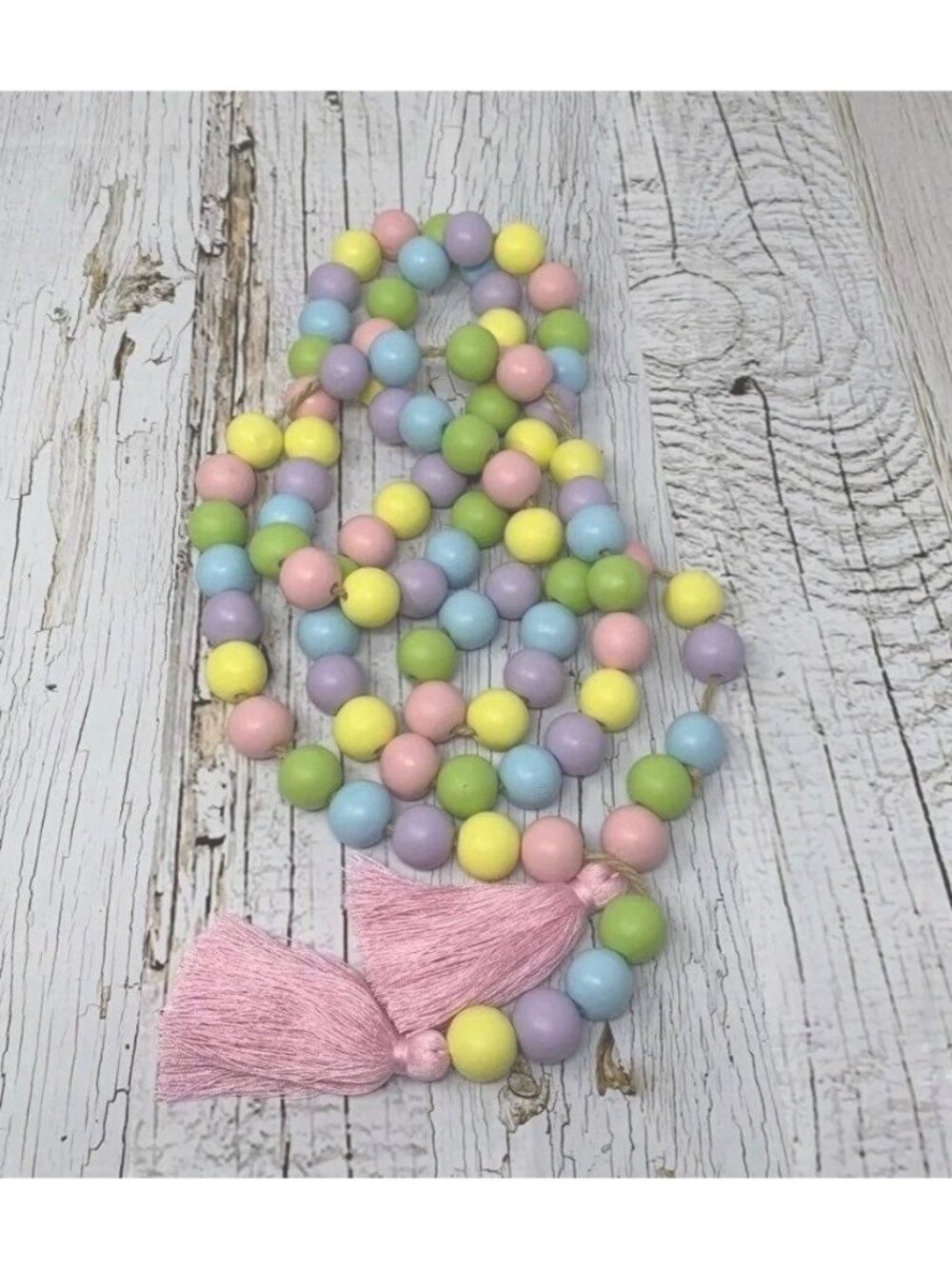 Easter Spring Pastel Wood Wooden Bead String Garland Pink Purple Tassels 72 in